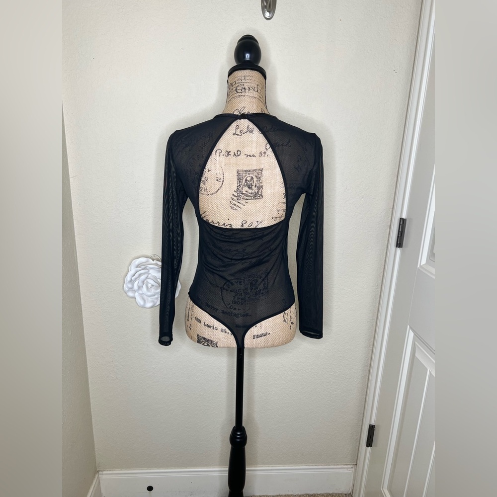 NTM: Auden Black Sheer Long Sleeve Thong Back Pullover Style Bodysuit Sz Medium - Picture 9 of 16